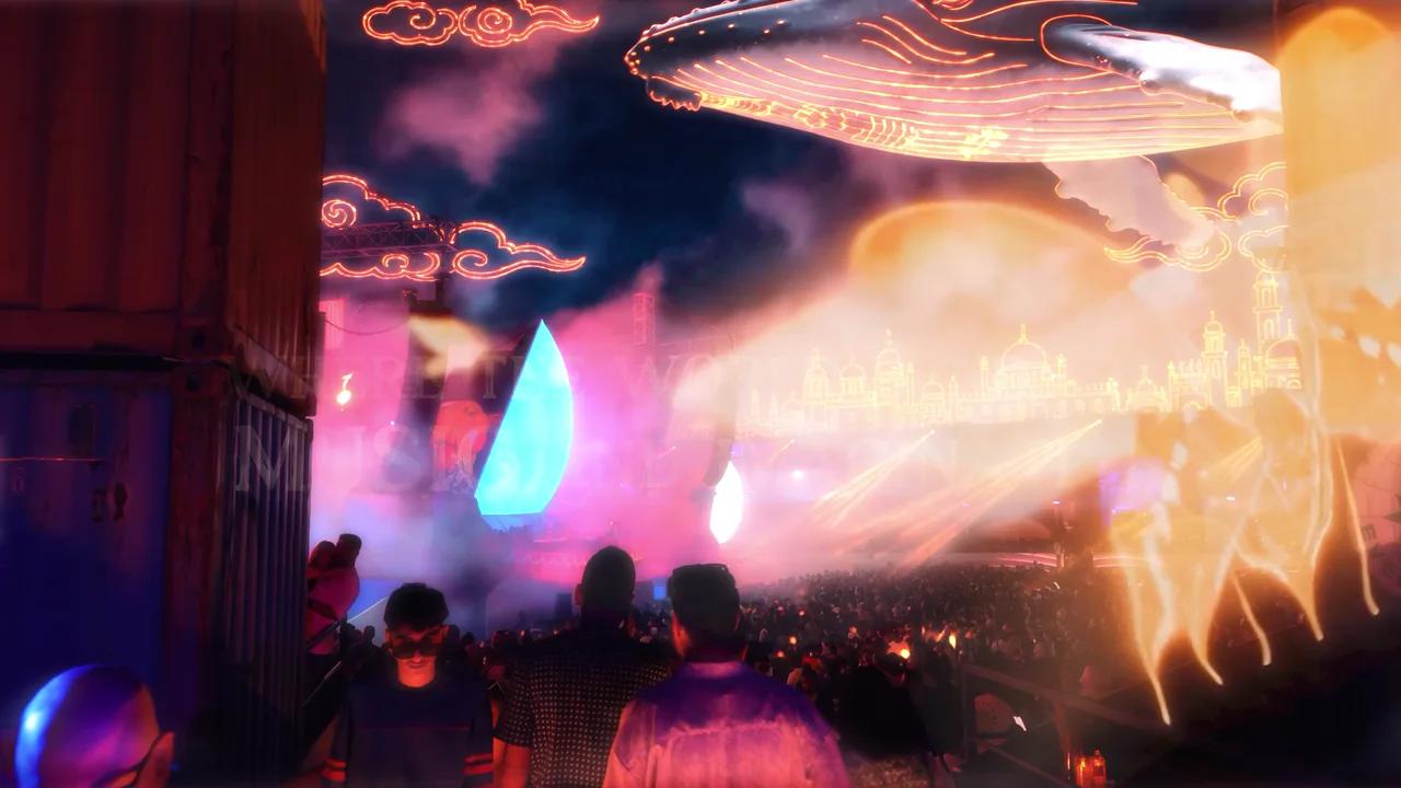 A giant illuminated whale flying above the festival stage