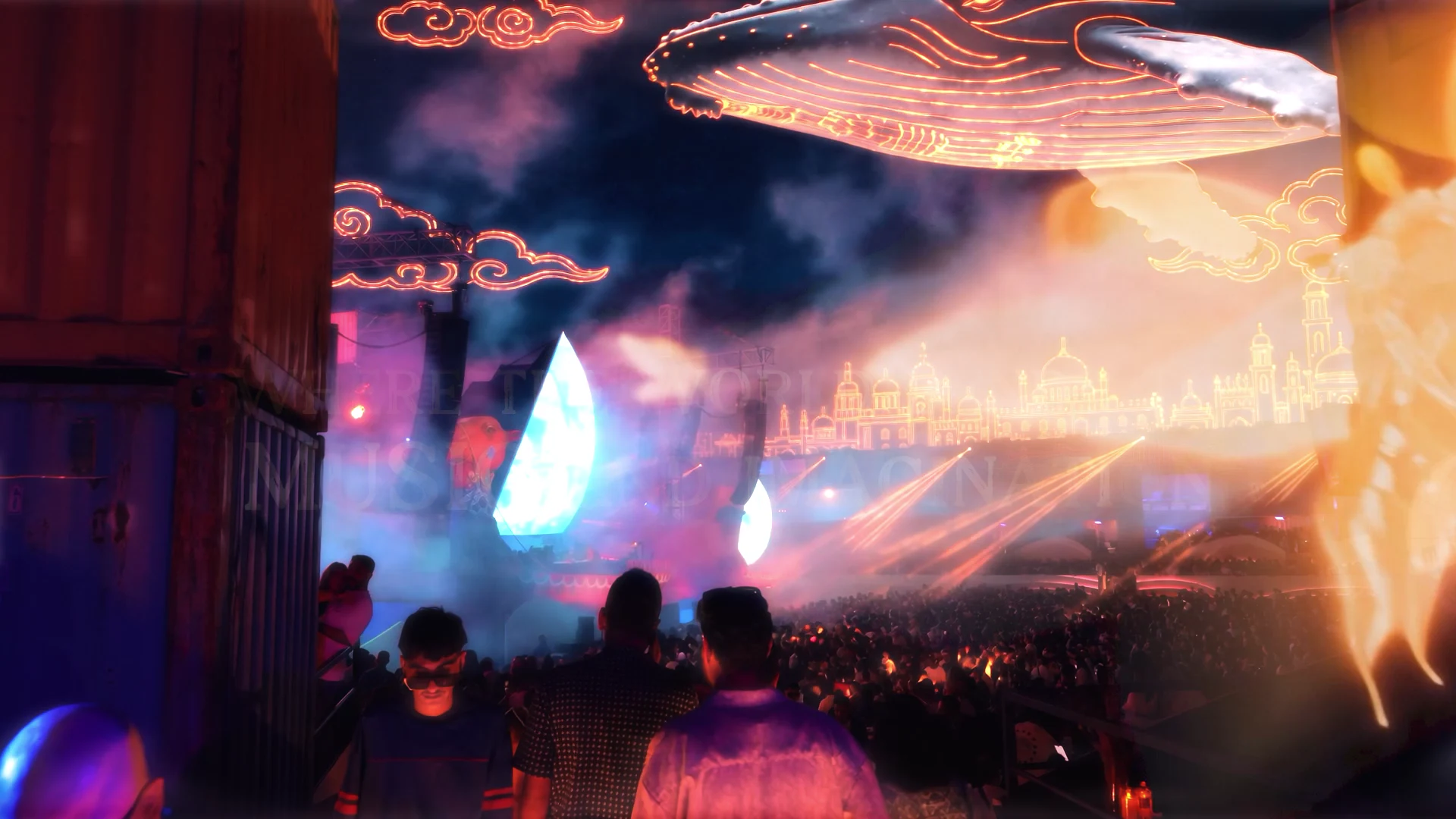 An illuminated whale flying above the A Thousand and One festival stage
