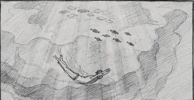 Figure descending through a liquid environment