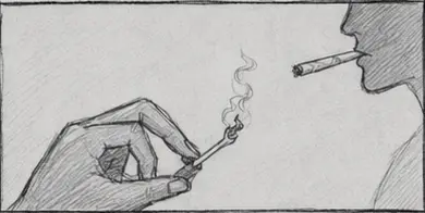 First cigarette and foreground hand