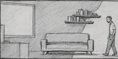 Character isolated in a room