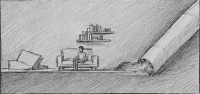 Character overwhelmed by a giant cigarette