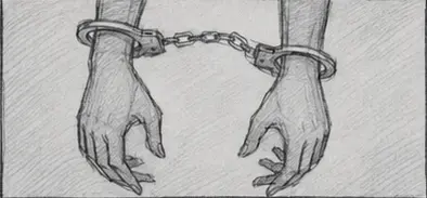 Two restrained hands with handcuffs