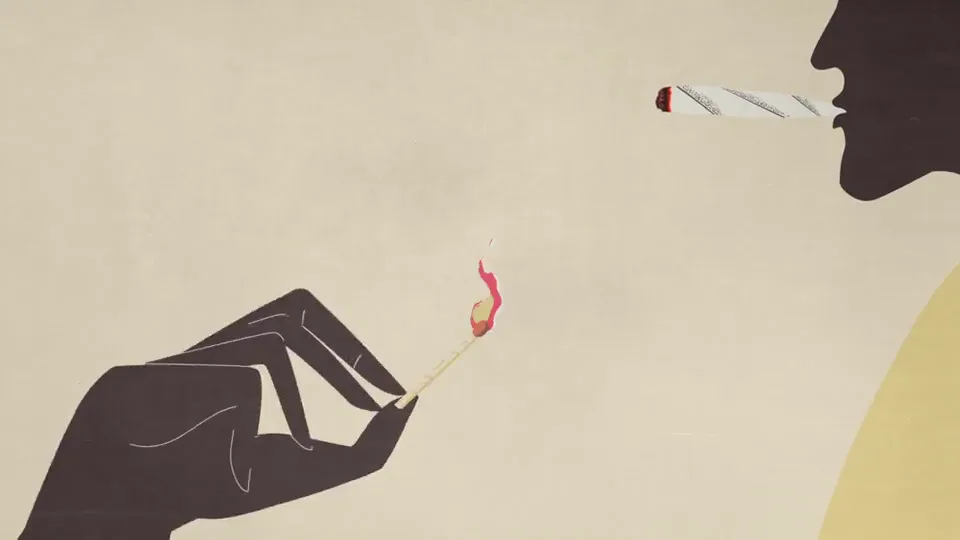 First cigarette and foreground hand