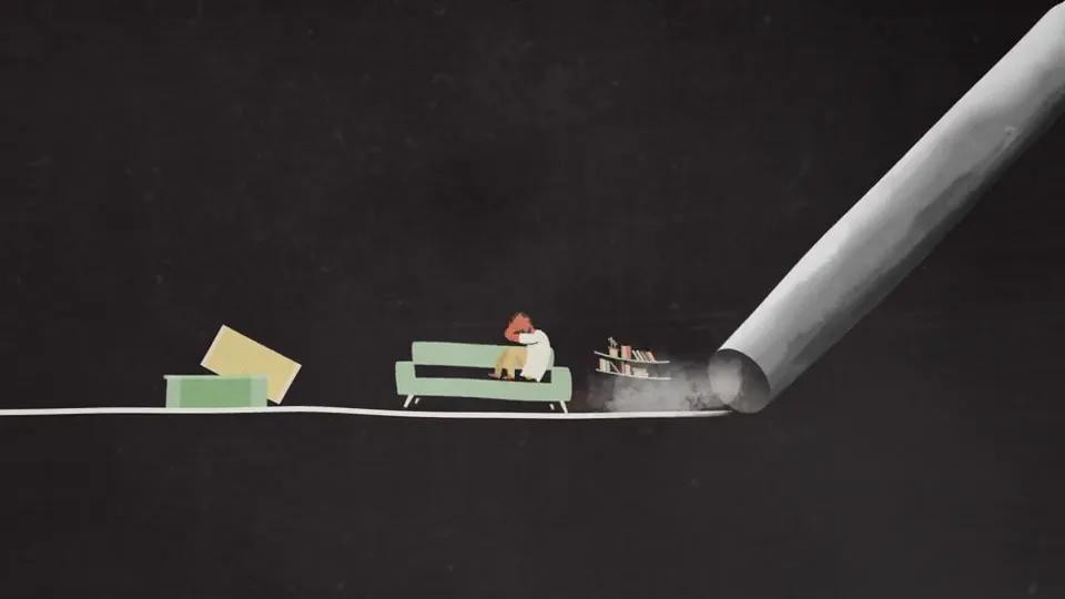 Character overwhelmed by a giant cigarette