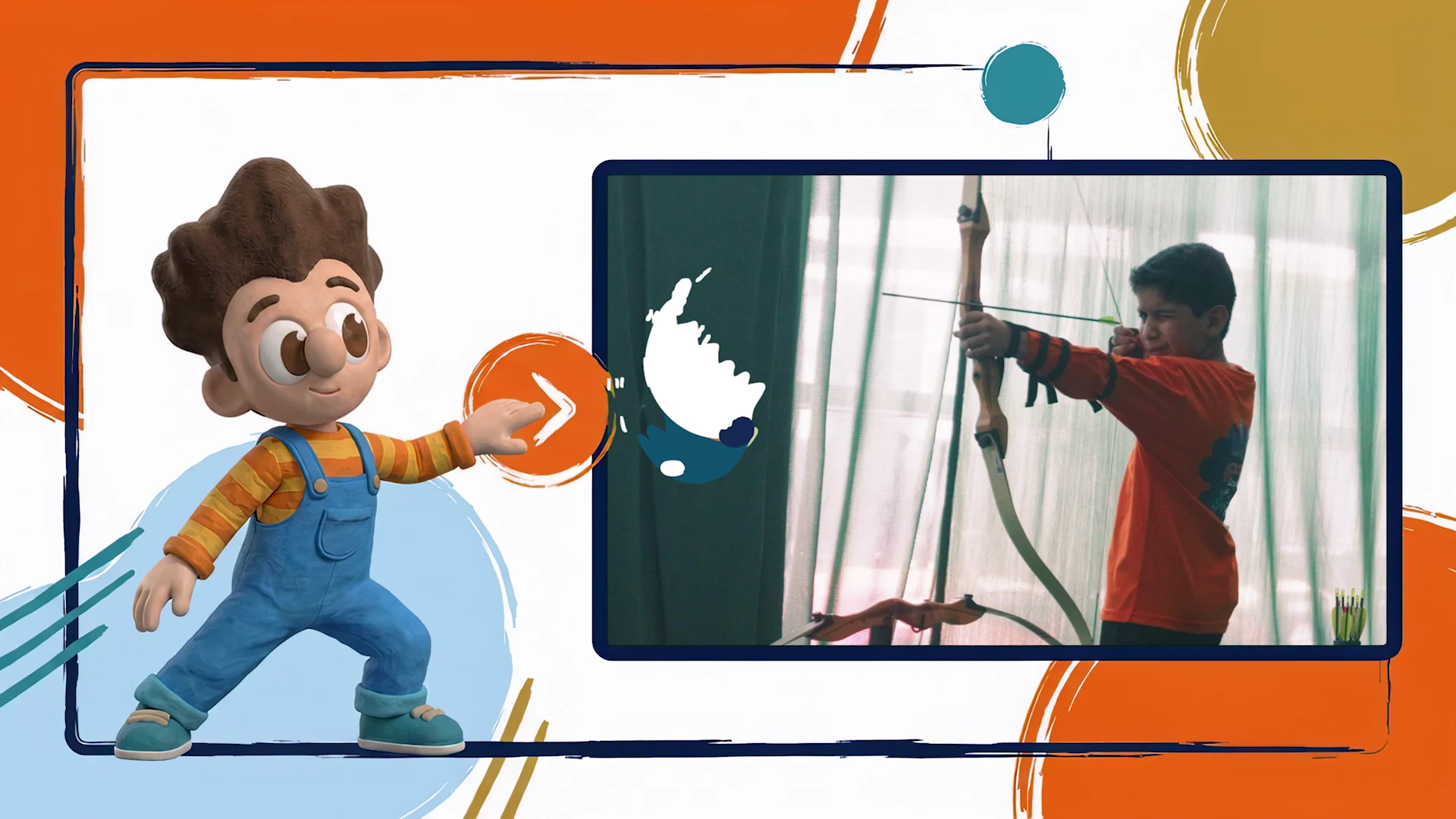 Fodouli introduces a live-action archery challenge inside a graphic screen