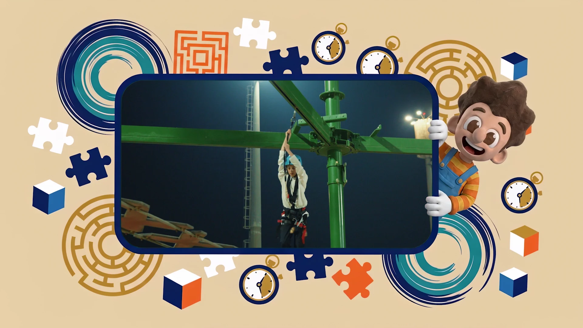 A live-action climbing challenge framed by clocks puzzles and Fodouli
