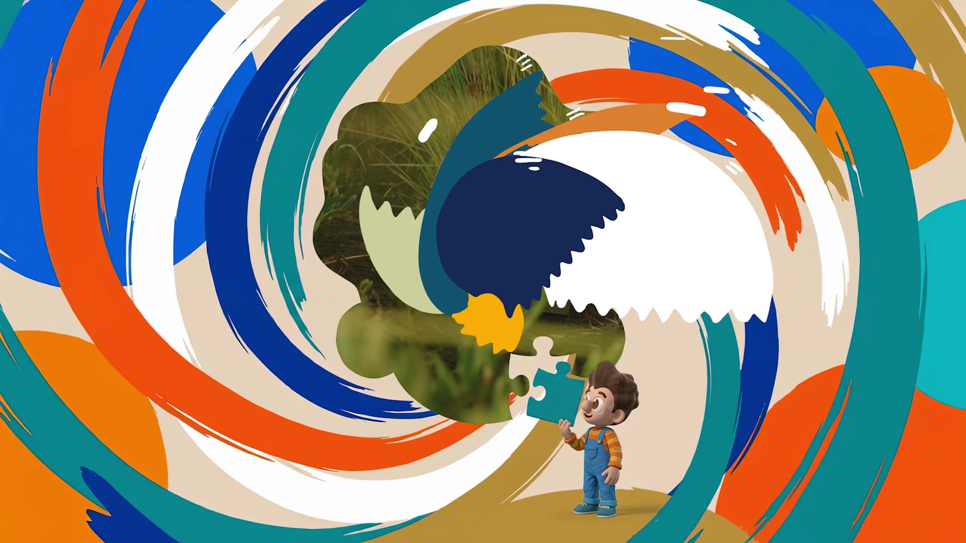 Painted rings reveal a live-action clue beside Fodouli and a puzzle piece