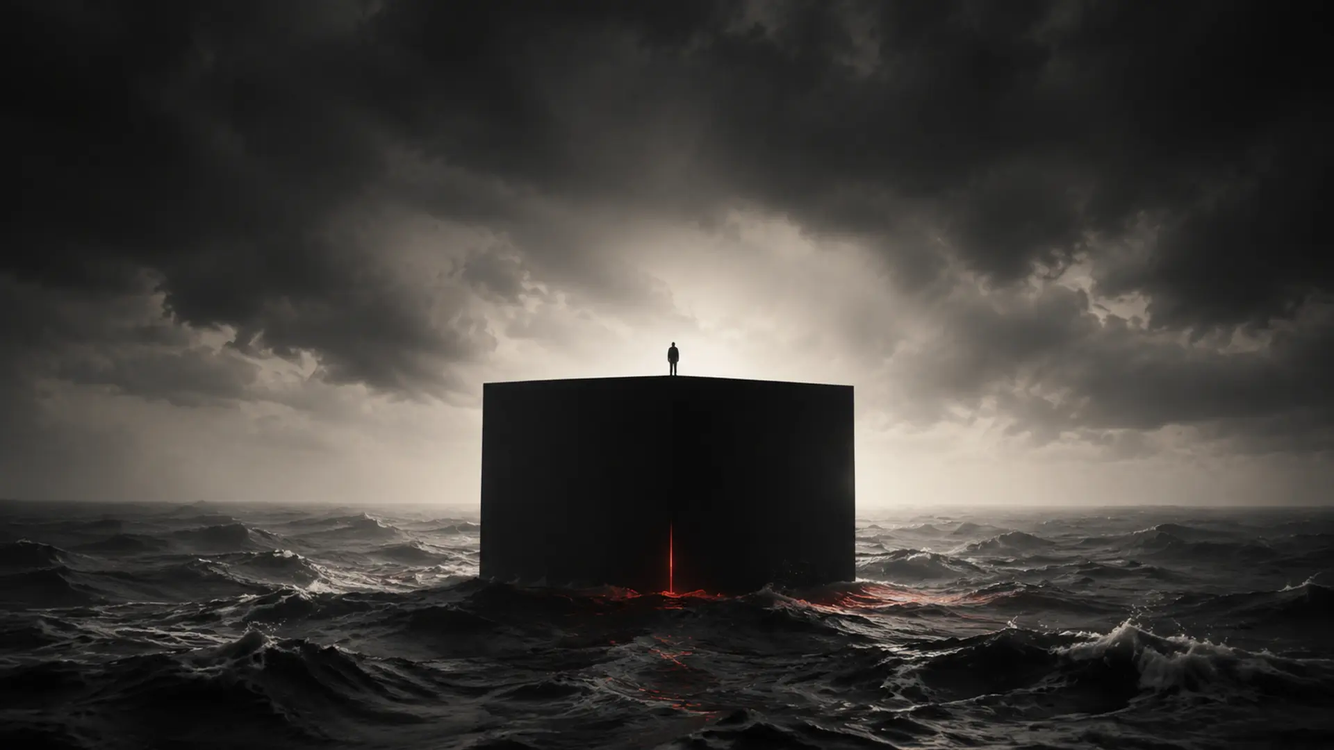 A solitary silhouette standing on a monumental black cube in a turbulent sea