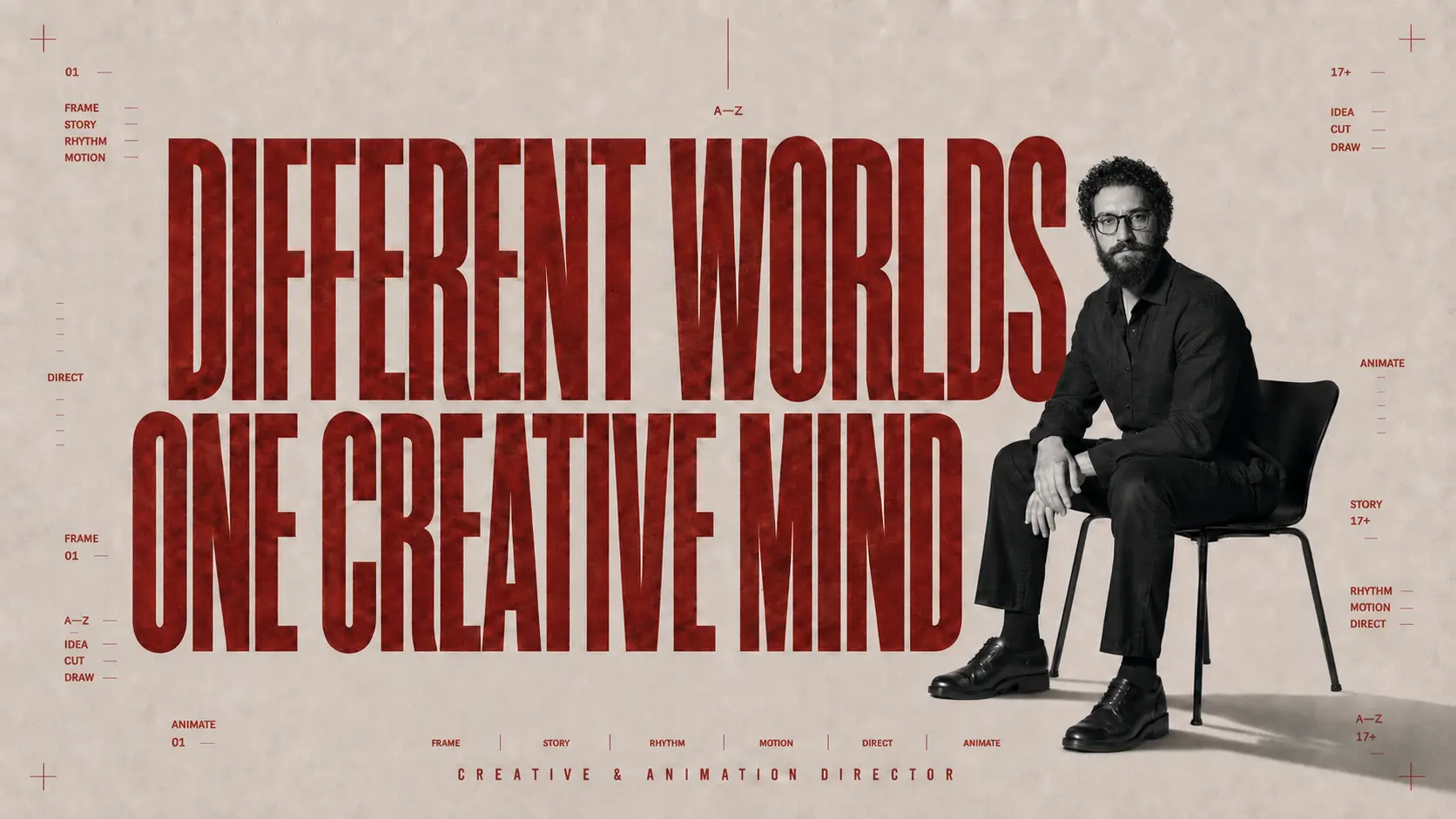 Mahmoud Hassan seated in an editorial poster titled Different Worlds, One Creative Mind