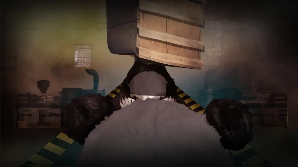 Multiple panda characters arranged along the assembly line