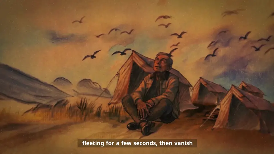 The old man sits among tents in exile