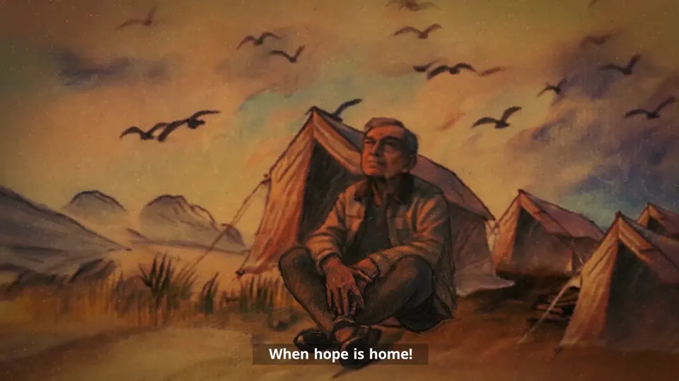 Bird shadows pass over the displaced man
