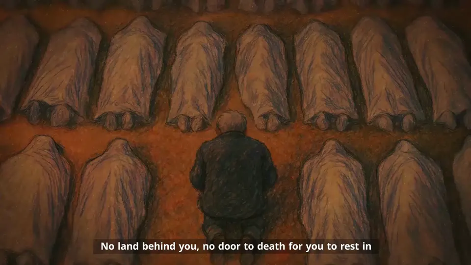 Rows of shrouded bodies in the camp